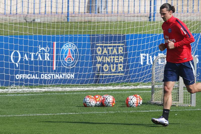 Paris Saint-Germain's Zlatan Ibrahimovic shown during the team's training session in Doha on Monday. Karim Jaafar / AFP / December 28, 2015 