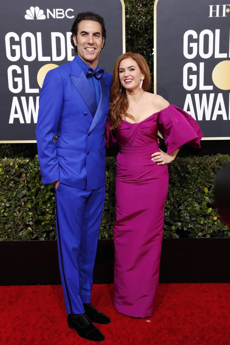 epa08106032 Sacha Baron Cohen and Isla Fisher arrives for the 77th annual Golden Globe Awards ceremony at the Beverly Hilton Hotel, in Beverly Hills, California, USA, 05 January 2020.  EPA-EFE/NINA PROMMER
