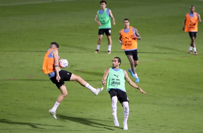 Martin Caceres and teammates during a Uruguay training session at NYU Abu Dhabi Stadium.