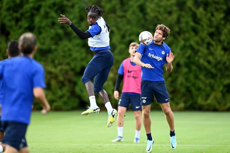 Trevoh Chalobah and Marcos Alonso of Chelsea during training. Getty