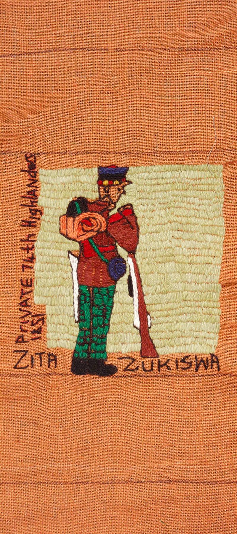 Made by Zita Zukiswa, this detail shows a soldier from the 74th Highlanders, in 1851.