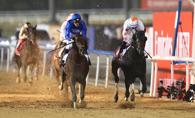 epa07473703 Jockey Christophe Soumillon (front L) of Belgium on Thunder Snow on the way to win the Dubai World Cup main race during the Dubai World Cup 2019 at the Meydan race course in the Gulf emirate of Dubai, United Arab Emirates, 30 March 2019. The Dubai World Cup is one of the highest endowed events in the horse racing calendar.  EPA/ALI HAIDER