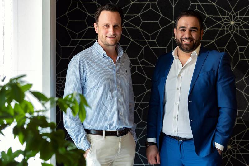 Dubai, United Arab Emirates - July 16, 2019: FlexxPay is a way for employees to access part of their salary in between pay cheques. The online platform was co-founded by Dubai entrepreneurs Michael Truschler (L) and Charbel Nasr. Tuesday the 16th of July 2019. Dubai Mall, Dubai. Chris Whiteoak / The National