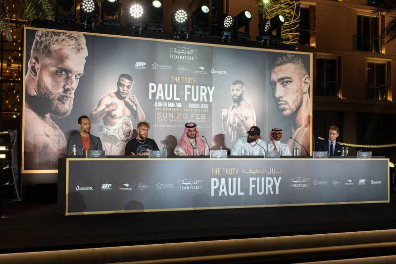 'The Truth' press conference at a hotel in Riyadh. Jake Paul is sat second from the left.