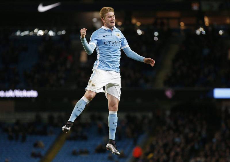 Kevin De Bruyne celebrates scoring Manchester City’s fourth goal in their 4-1 League Cup quarter-final win over Hull City on Tuesday. Phil Noble / Reuters