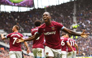 West Ham's Michail Antonio celebrates after scoring the winning goal against Tottenham on Saturday. EPA