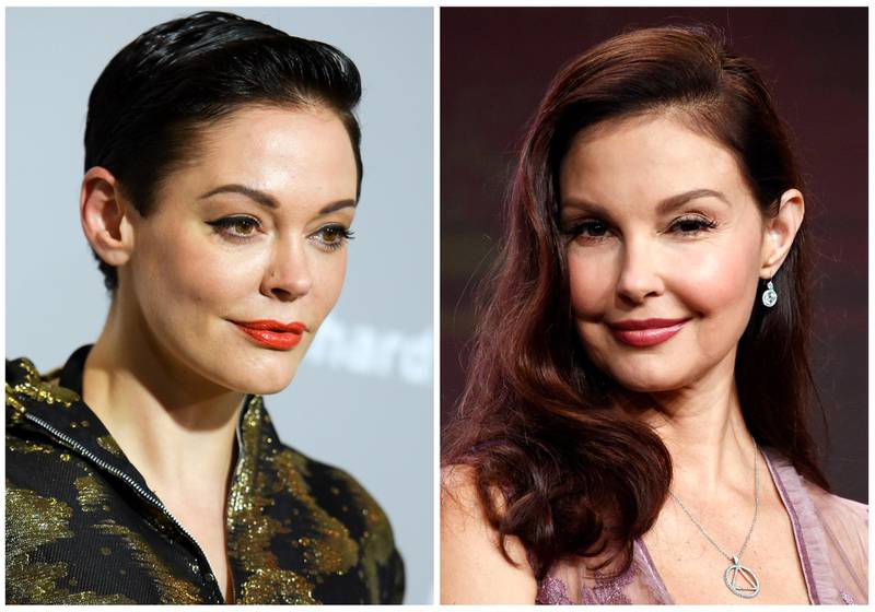 This combination photo shows actors, Rose McGowan at a premiere in Los Angeles on April 15, 2015, left, and Ashley Judd in Beverly Hilla, Calif. on July 25, 2017.  Producer Harvey Weinstein is taking a leave of absence from his company after The New York Times released a report alleging decades of sexual harassment against women, including employees and actress Ashley Judd. The Times reports two company officials say at least eight women have received settlements, including actress Rose McGowan. (AP Photo/File)