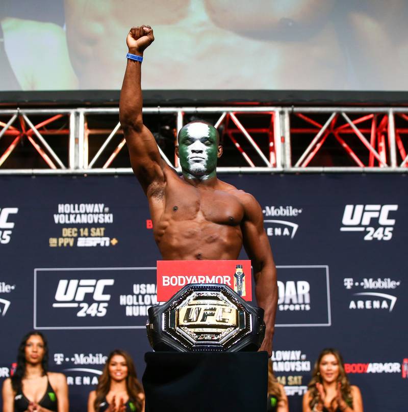 Kamaru Usman poses during the ceremonial weigh-in event ahead of his fight against Colby Covingto. All pictures AP