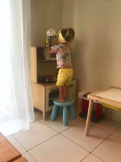 Elisabeth Van de Pol-Rubner suggests adding accessories to the Ikea play kitchen as you go, instead of buying them all at once. Courtesy Elisabeth Van de Pol-Rubner