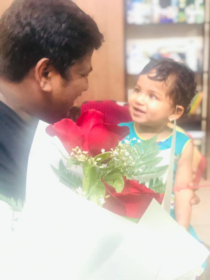 Sujay Sarigommula with his daughter Amayra. The Indian engineer left his family in the UAE to attend his father's funeral in Warangal, southern India and then spent anxious weeks trying to return to Dubai during the suspension of incoming flights from India. Courtesy Sujay Sarigommula