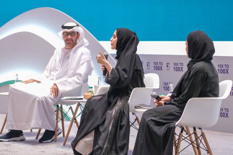 Dr Sultan Al Jaber, Minister of Industry and Advanced Technology and managing director and group chief executive of Adnoc, and Shamma Al Mazrui, Minister of State for Youth, attend Adnoc's Youth Ramadan Forum. Wam
