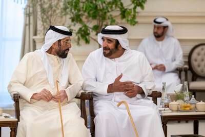 Sheikh Tahnoun bin Mohammed, Ruler's Representative in Al Ain Region, speaks with Sheikh Saif bin Mohammed during a Sea Palace barza