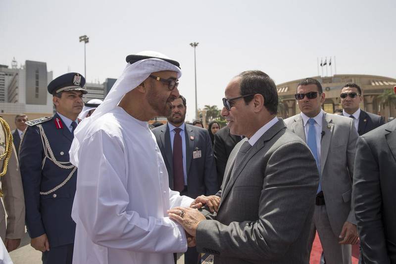 Sheikh Mohammed bin Zayed, Crown Prince of Abu Dhabi and Deputy Supreme Commander of the Armed Forces, bids farewell to Egyptian president Abdel Fattah El Sisi after an official visit to Cairo, on April 22, 2016. Mohamed Al Hammadi / Crown Prince Court – Abu Dhabi