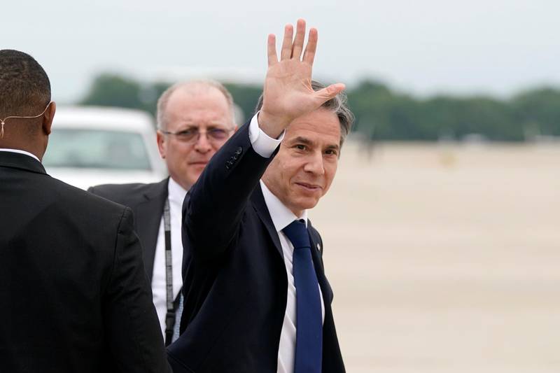 US Secretary of State Antony Blinken waves as he departs to visit Israel and West Bank, at Andrews Air Force Base, Maryland. Reuters