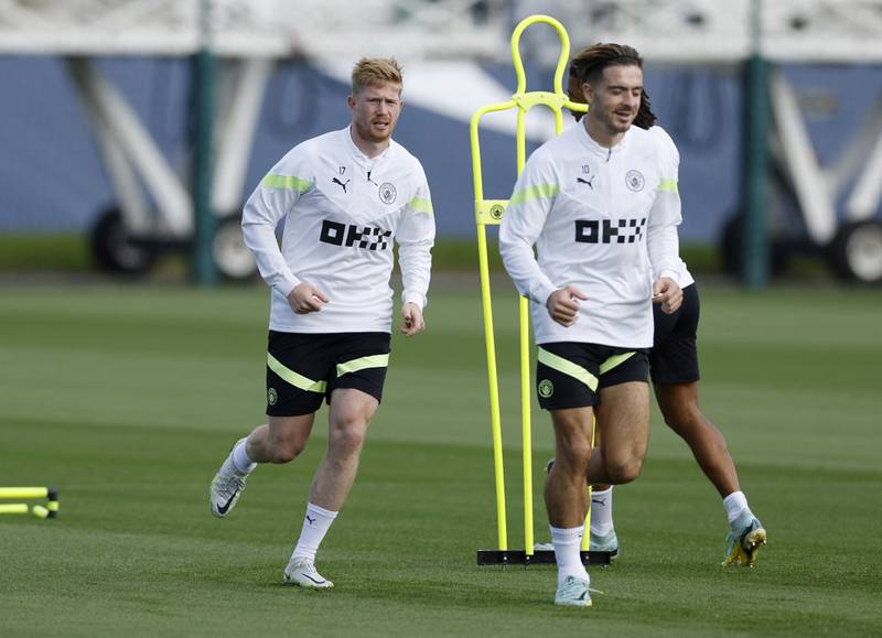 City's Kevin De Bruyne and Jack Grealish during training. Reuters