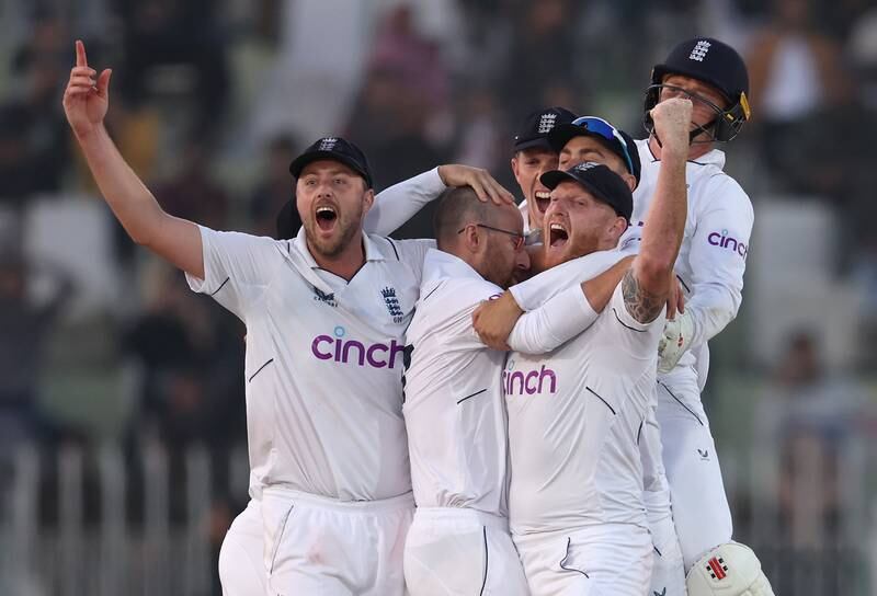 England's Ollie Robinson, Jack Leach and Ben Stokes celebrate victory. Getty