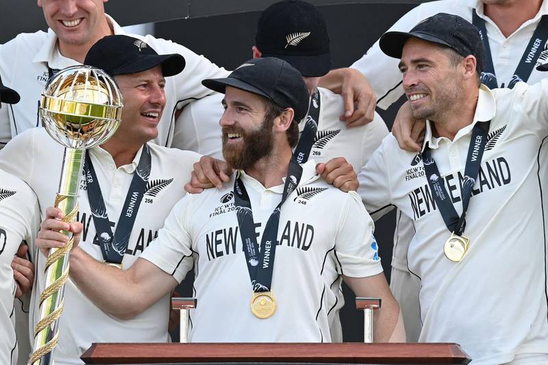 New Zealand's captain Kane Williamson with the Test mace after defeating India in the World Test Championship final in Southampton. AFP