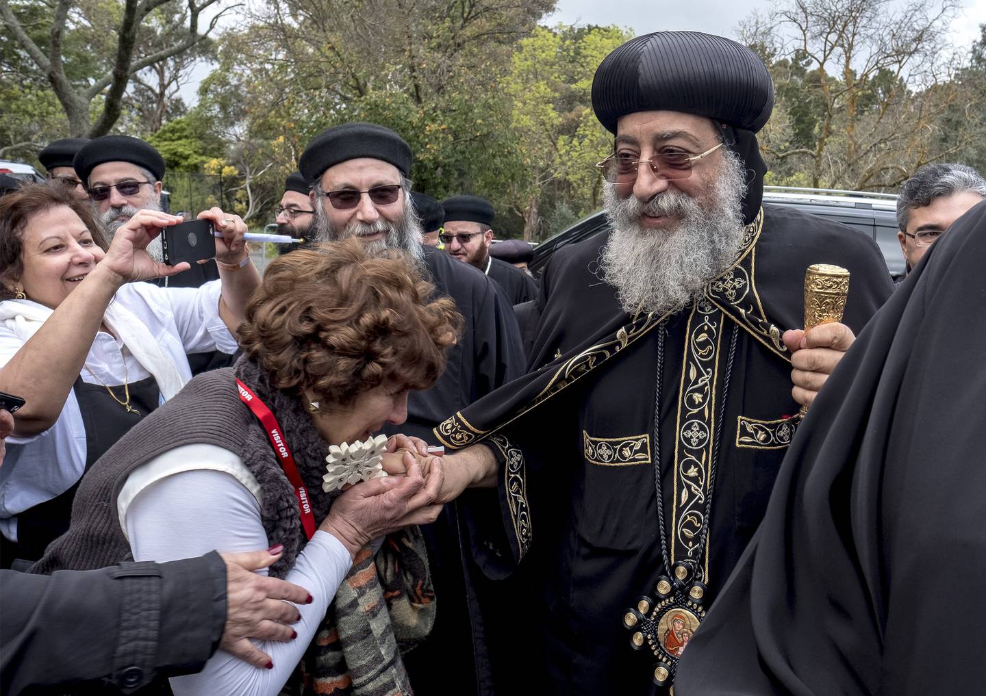 epa06188962 Pope Tawadros II of Alexandria (R), the Patriarch of the Coptic Orthodox Church, is greeted on his arrival at the Diocesan Headquarters in Melbourne, Victoria, Australia, 07 September 2017. The Coptic Pope is in Australia for a 10-day tour to schools and churches in Sydney, Melbourne and Canberra.  EPA/LUIS ASCUI  AUSTRALIA AND NEW ZEALAND OUT