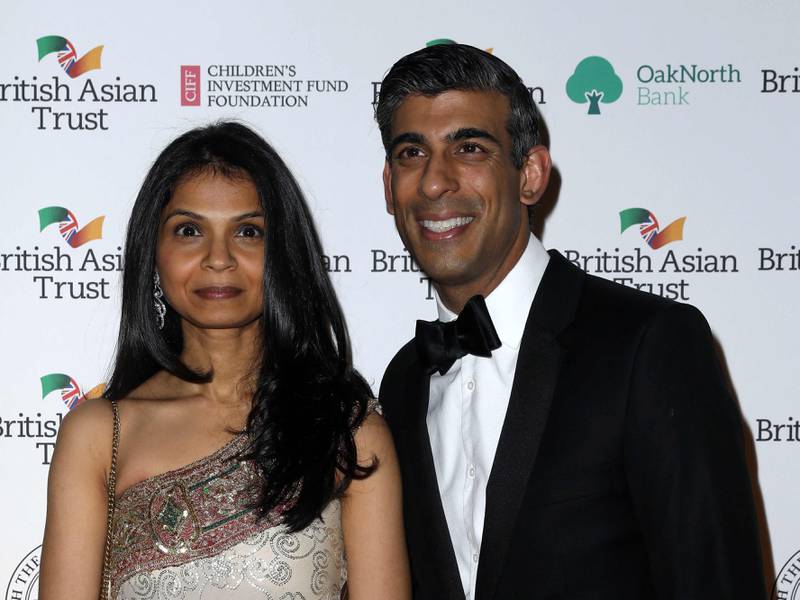Britain's Chancellor of the Exchequer Rishi Sunak with his wife Akshata Murthy during a reception for the British Asian Trust at the British Museum in London in February. AFP