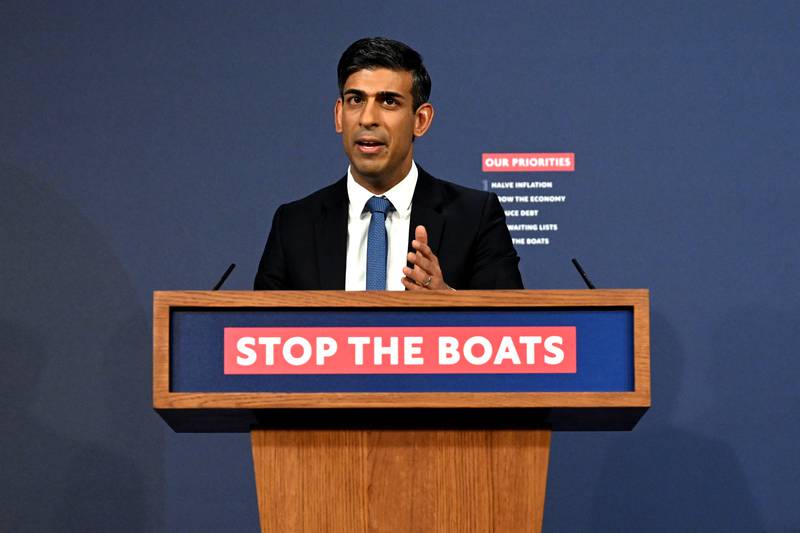 Prime Minister Rishi Sunak in Downing Street after the government unveiled its refugee policy. PA