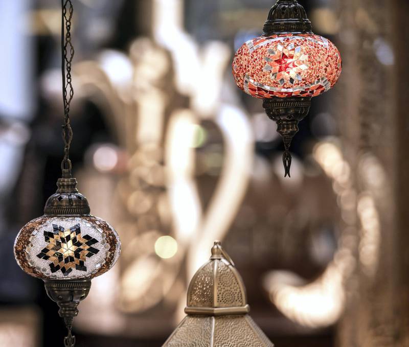 Abu Dhabi, United Arab Emirates, April 17, 2021.   Al Wahda Mall Ramadan decor.  Mall goers enjoy the Ramadan lanters exhibition at the main lobby of the mall.Victor Besa/The NationalSection:  NA/Stand Alone/Stock Images