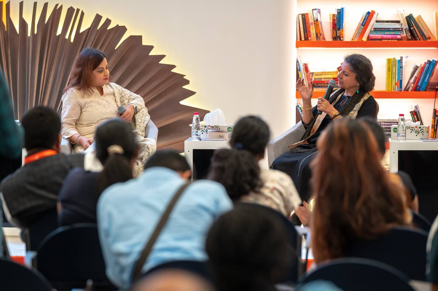 Geetanjali Shree, right, at a session at the Sharjah International Book Fair. Photo: Sharjah Book Authority