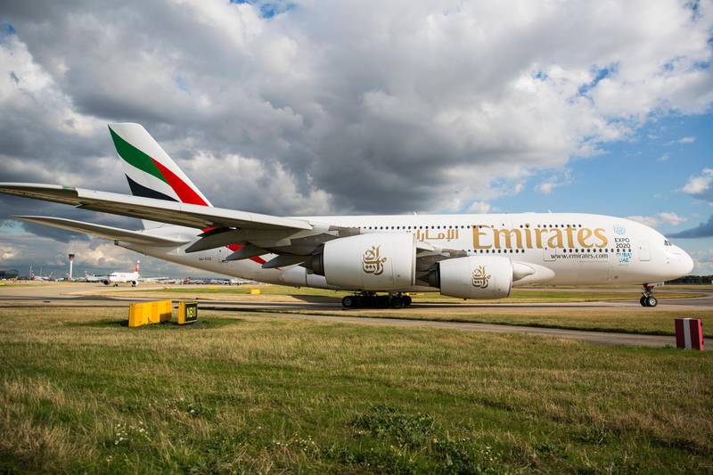 LONDON, ENGLAND - OCTOBER 11: An Emirates Airbus A380 aircraft at Heathrow Airport on October 11, 2016 in London, England. The UK government has said it will announce a decision on airport expansion soon. Proposals include either a third runway at Heathrow, an extension of a runway at the airport or a new runway at Gatwick Airport. (Photo by Jack Taylor/Getty Images) *** Local Caption ***  bz10no-emirates-group.jpg
