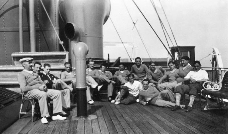French national soccer team players pose after lunch for a group picture during their cruise aboard the "Conte Verde" in July 1930 on their way to Uruguay to participate in the first World Cup. AFP