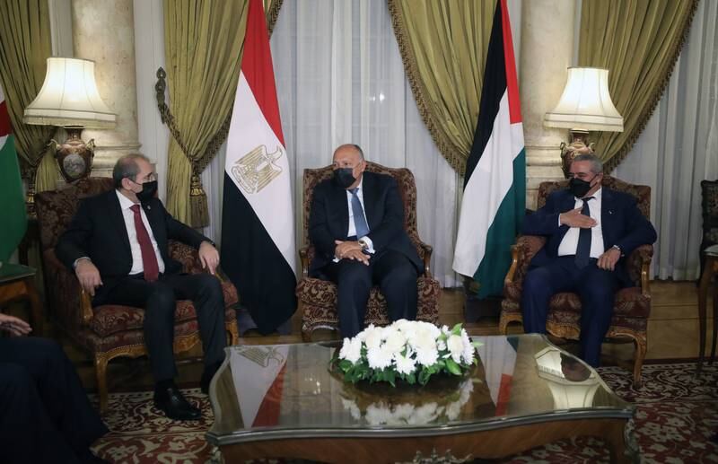 Egyptian Foreign Minister Sameh Shoukry (C) meets with Jordan's Foreign Affairs Minister Ayman Safadi (L) and Hussein Al Sheikh, Head of the General Authority of Civil Affairs of the Palestinian Authority in Cairo on Monday. EPA