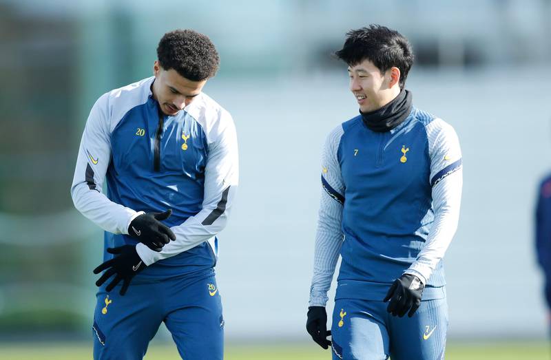 ENFIELD, ENGLAND - FEBRUARY 23: Dele Alli and Heung-Min Son of Tottenham Hotspur during the Tottenham Hotspur training session at Tottenham Hotspur Training Centre on February 23, 2021 in Enfield, England. (Photo by Tottenham Hotspur FC/Tottenham Hotspur FC via Getty Images)