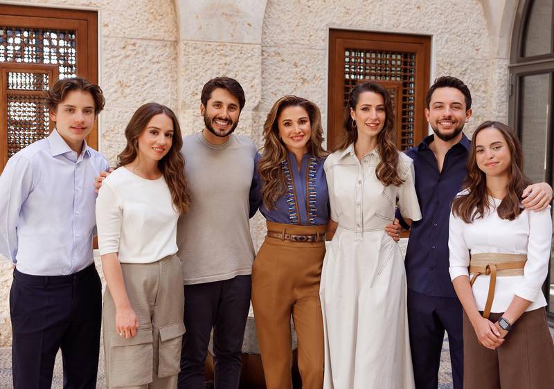 From left, Prince Hashem; Princess Iman and her fiance Jameel Alexander Thermiotis; Queen Rania; Rajwa Al Saif and her fiance Crown Prince Hussein; and Princess Salma. Photo: Queen Rania / Instagram