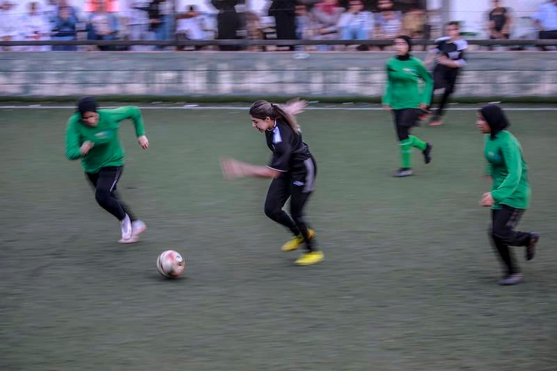 Palestinian women footballers take part in game in Gaza city. For the first time in the Gaza Strip, a football match for girls has been organised by the Algerian-Palestinian Friendship Association.  