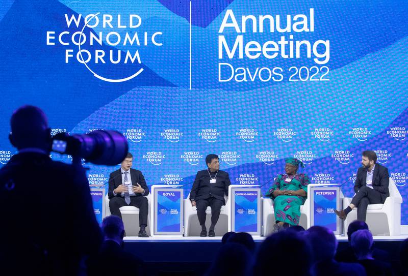 European Commission Vice President Valdis Dombrovskis, India's Commerce Minister Piyush Goyal, World Trade Organization President (WTO) Ngozi Okonjo-Iweala and Flexport CEO Ryan Petersen take part at the panel discussion "Trade: Now what?" during the World Economic Forum 2022 (WEF) in the Alpine resort of Davos, Switzerland. Reuters