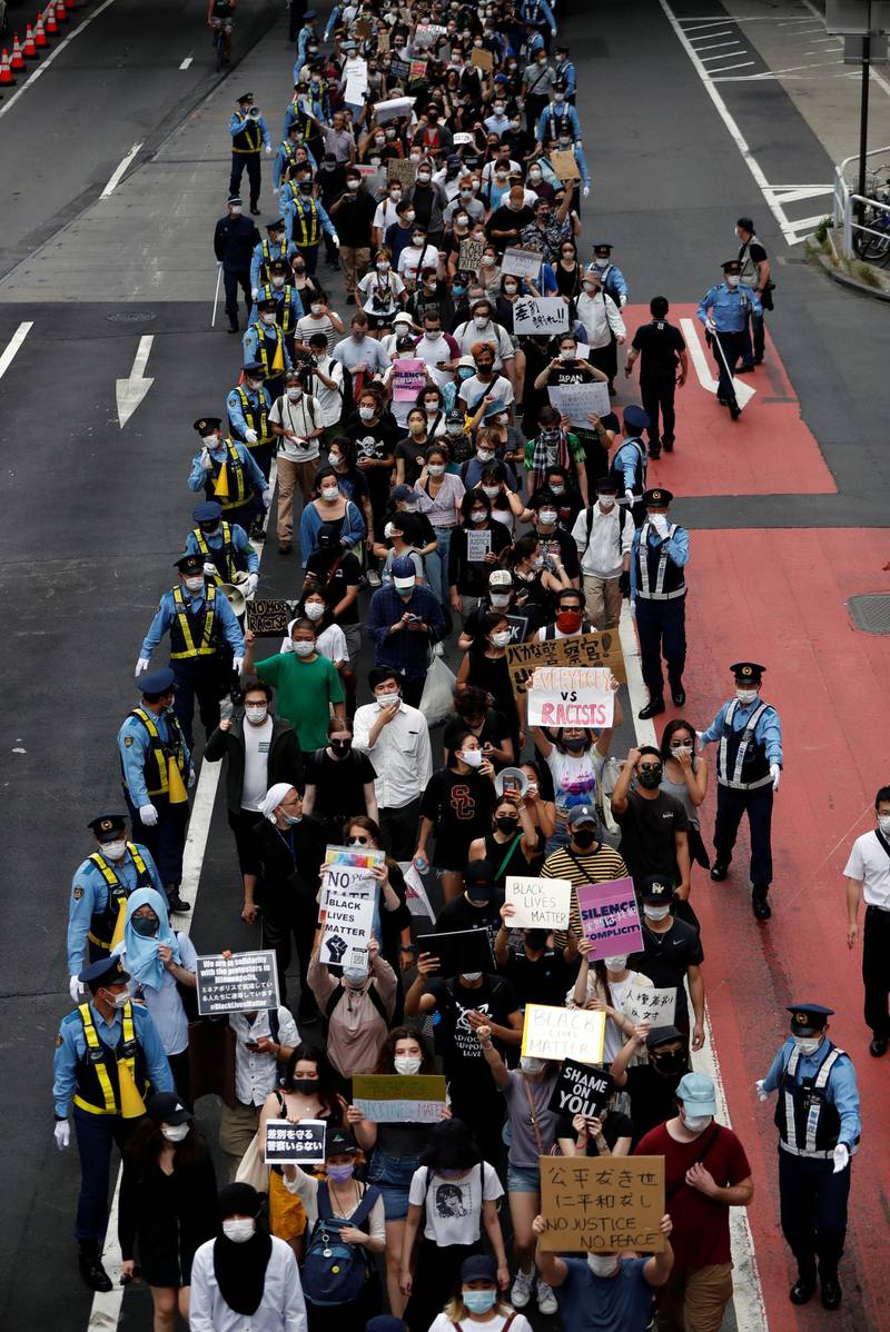 Protesters joined up with Black Lives Matter demonstrators following the death of George Floyd who died in police custody in Minneapolis, in Tokyo, Japan.  Reuters