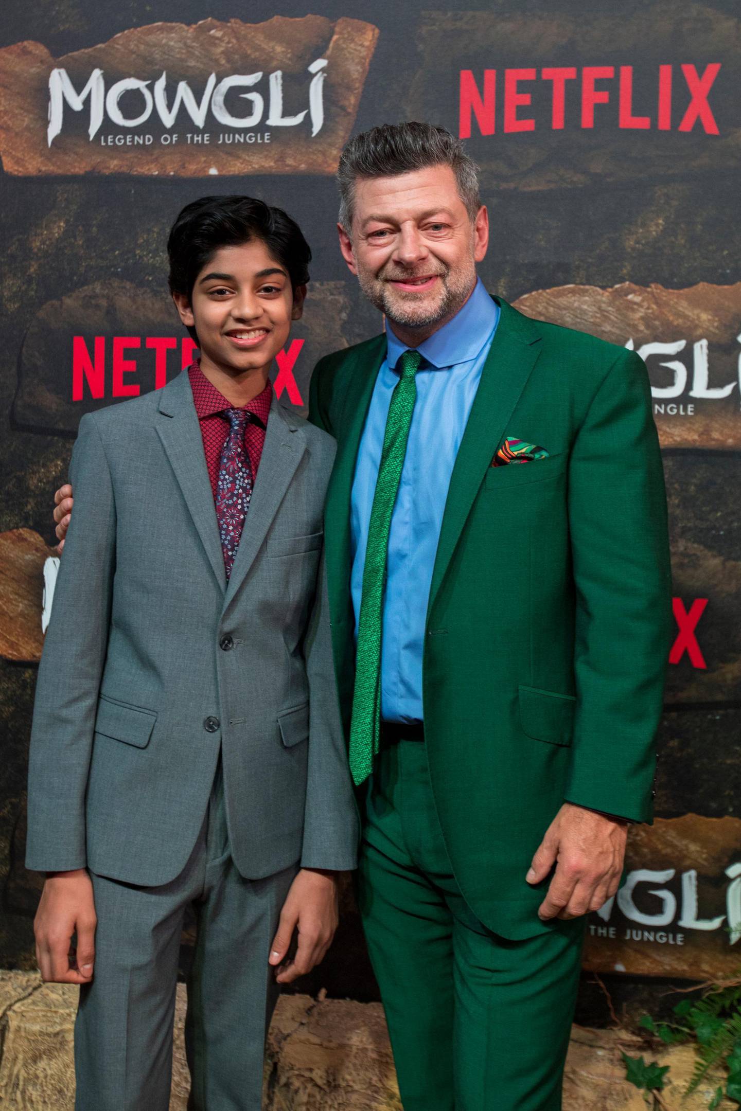 MUMBAI, INDIA - NOVEMBER 25: In this handout image provided by NETFLIX,  Rohan Chand and Andy Serkis attends the Mowgli World Premiere on November 25, 2018 in Mumbai, India. (Photo by Ritam Banerjee/Netflix via Getty Images)