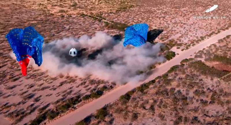 This framegrab obtained from Blue Origin, shows the December team landing in West Texas near Van Horn. AFP PHOTO  /  Blue Origin