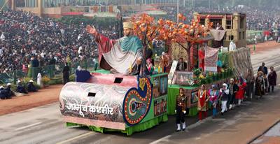 A float representing Jammu and Kahsmir travels down the Rajpath in New Delhi on January 26, 2018. Harish Tyagi / EPA