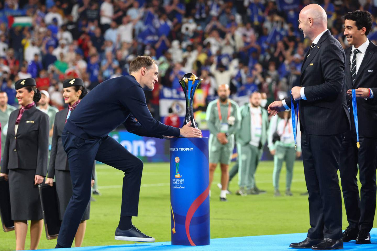 Chelsea manager Thomas Tuchel touches the Fifa Club World Cup trophy. AFP