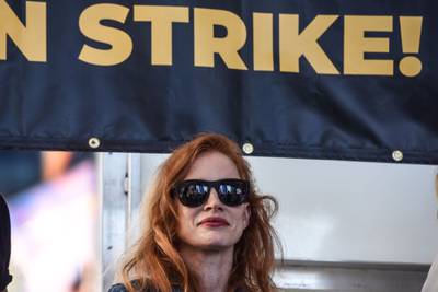 Jessica Chastain joins a rally in Times Square, New York. Bloomberg 