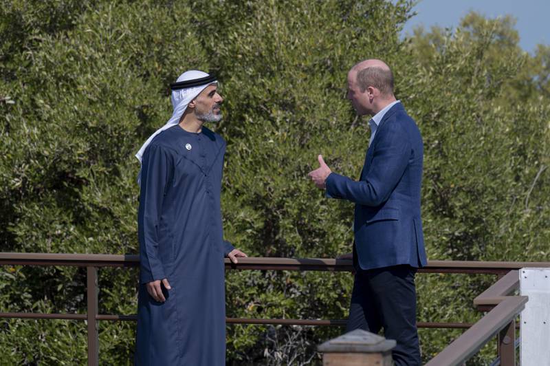 Sheikh Khaled bin Mohamed and Prince William at the mangrove park in Abu Dhabi. Photo: Abu Dhabi Media Office