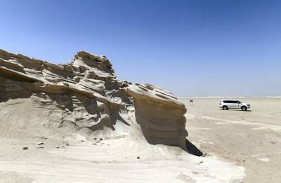 Abu Dhabi, United Arab Emirates - Ancient rock formations, a popular visitor attraction on the outskirts desert area, at Al Wathba. Khushnum Bhandari for The National