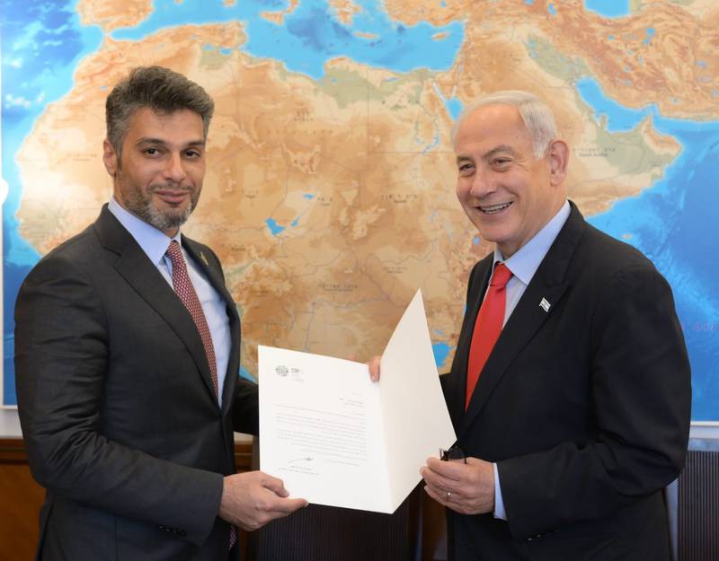 Mohamed Al Khaja, the UAE's ambassador to Israel, invites Israeli Prime Minister Benjamin Netanyahu to Cop28. Photo: UAE embassy in Israel