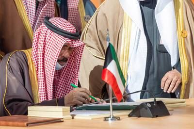 Kuwait Emir Sheikh Nawaf Al Sabah signing the Al Ula statement during this summit. Courtesy Ministry of Foreign Affairs - Saudi Arabia