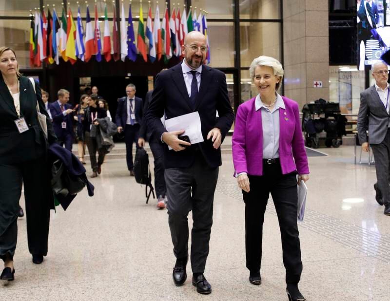 European Council President Charles Michel and European Commission President Ursula von der Leyen at an EU summit in Brussels, where leaders reached an agreement on energy prices. EPA
