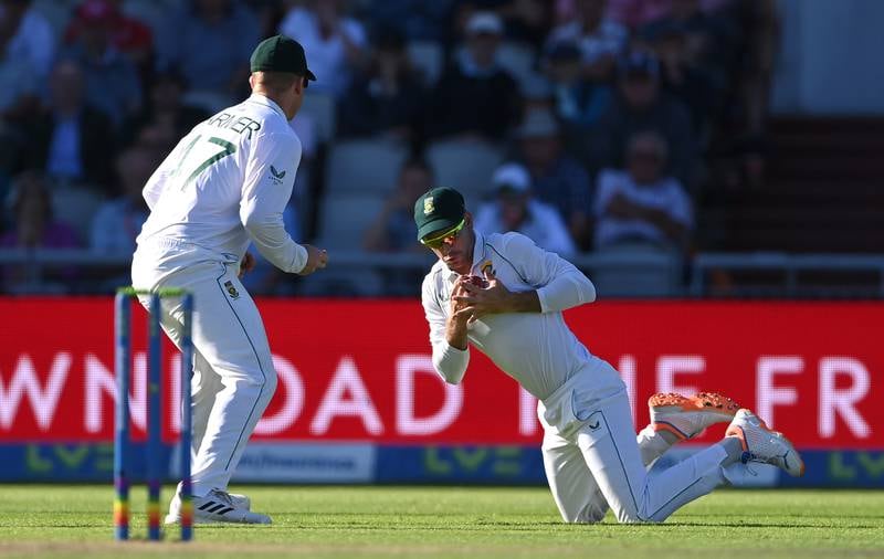 South Africa fielder Sarel Erwee clings onto a catch at slip to dismiss England's Joe Root for nine. Getty