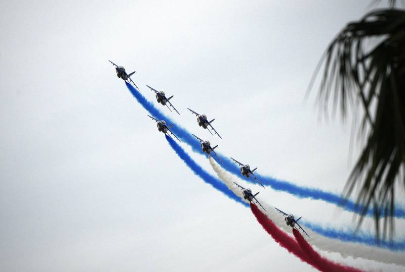 French Alpha Jets Patrouille de France fly over the venue of the 'Top Gun: Maverick' premiere. AP Photo