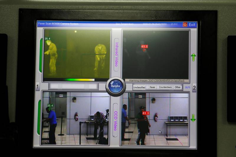 Images are seen in a thermographic imaging device to check the temperatures of arriving passengers at a quarantine station as preventive measure in light of the coronavirus outbreak in China, at the Oscar Arnulfo Romero International Airport in San Luis Talpa, El Salvador. REUTERS