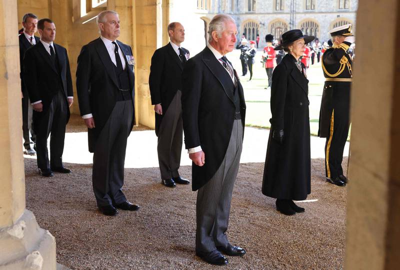 From second left: Peter Phillips; Prince Andrew, Duke of York; Prince Edward, Earl of Wessex; Prince Charles, Prince of Wales and Princess Anne, Princess Royal, attend the ceremonial funeral procession of Prince Philip, Duke of Edinburgh. AFP