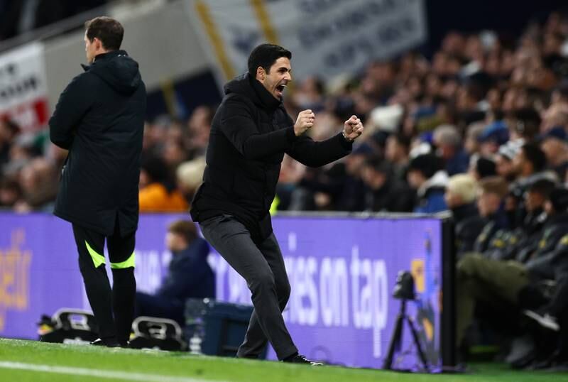 Arsenal manager Mikel Arteta celebrates after the first goal. Getty