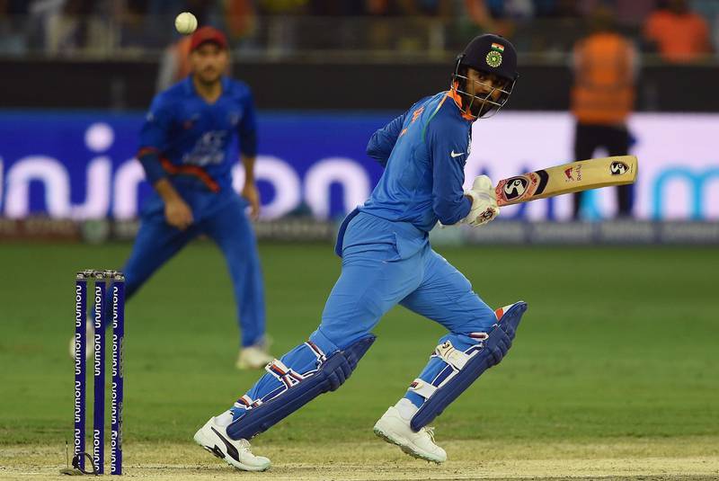 Indian batsman Lokesh Rahul plays a shot during the one day international (ODI) Asia Cup cricket match between Afghanistan and India at the Dubai International Cricket Stadium in Dubai on September 25, 2018. / AFP / Ishara S. KODIKARA
